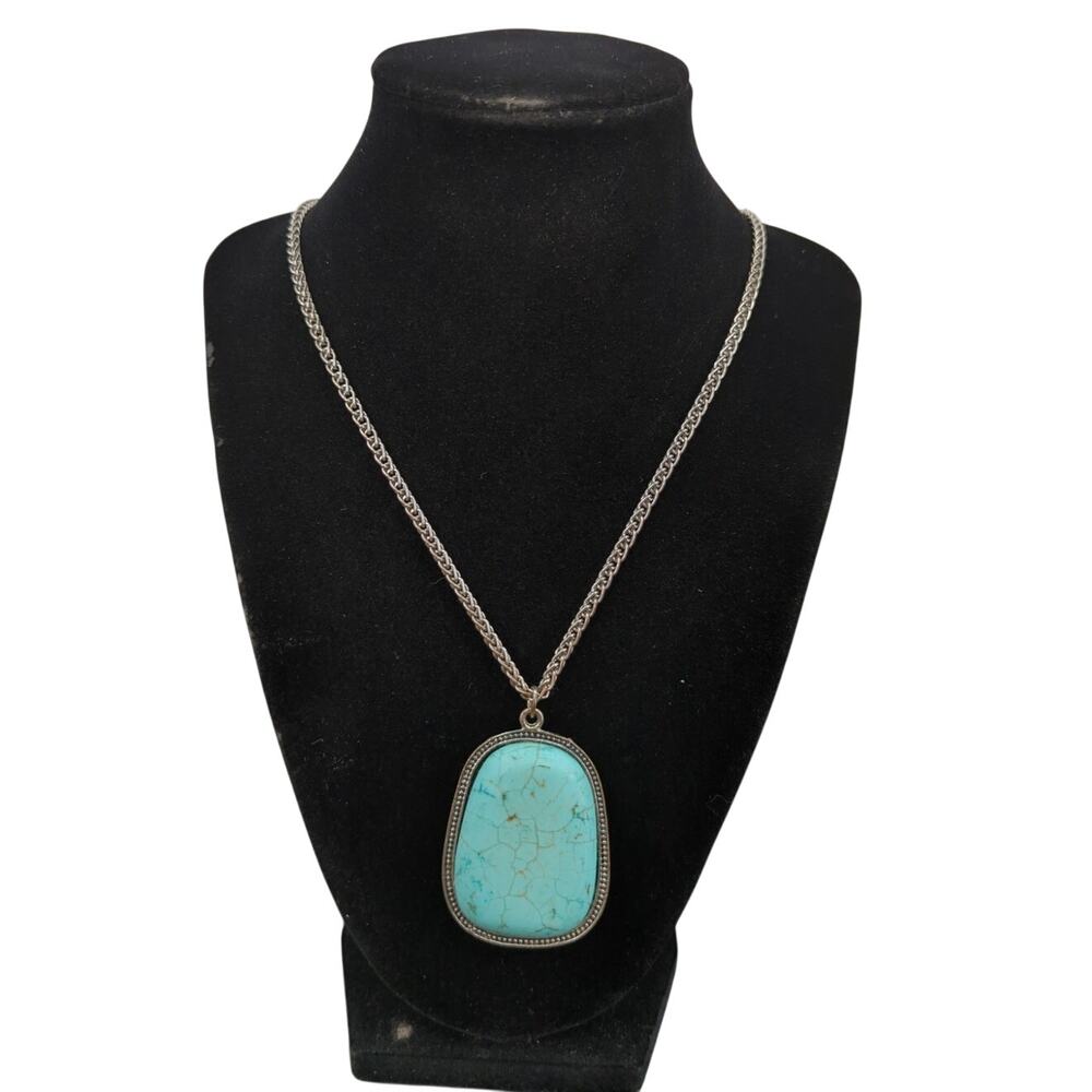 Vintage Fashion Large Faux Turquoise Slab Pendant SilverTone Rope Chain Necklace